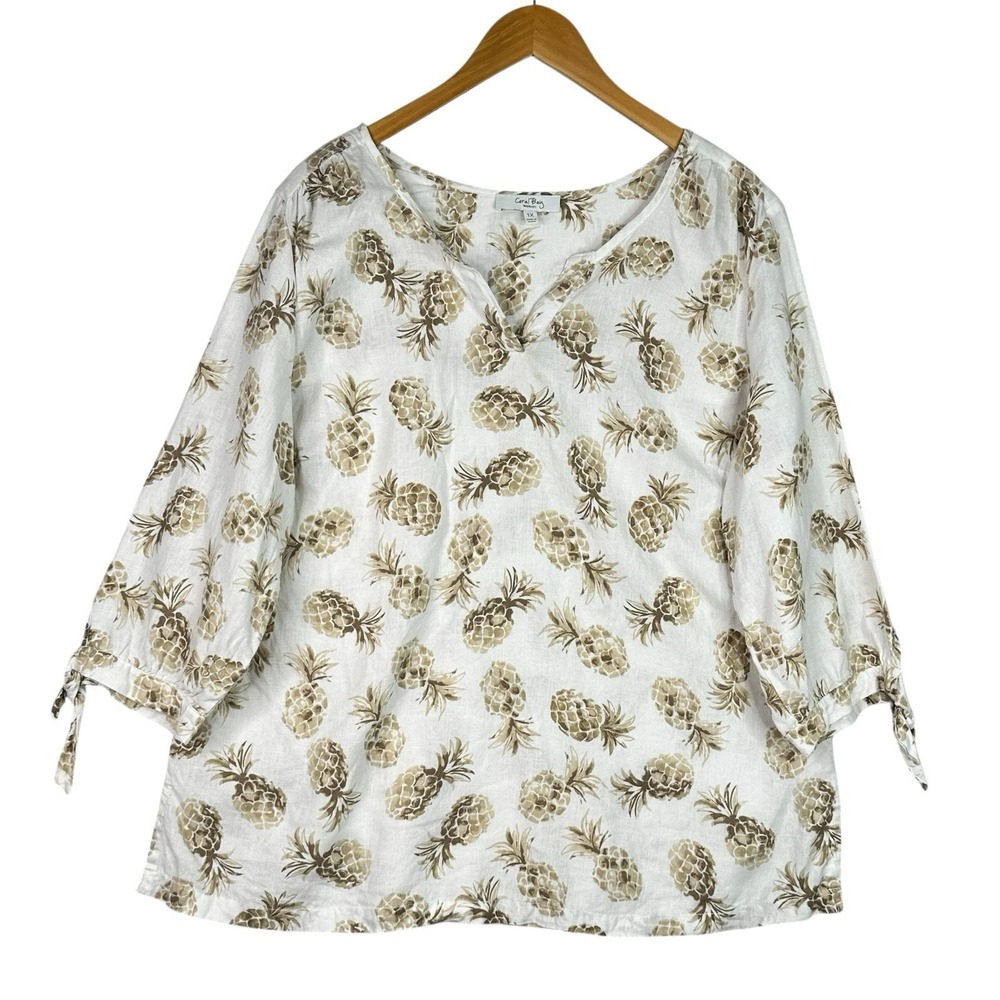 Pineapple Print Linen Blend Blouse Women 1X White Tropical Tie Coastal Sleeve